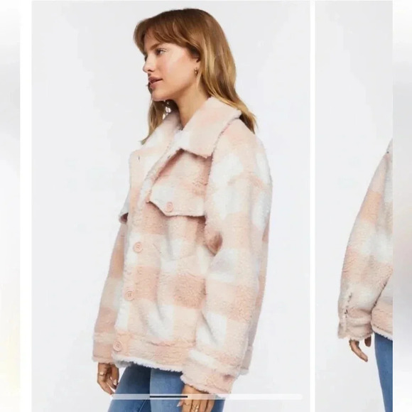 NWT Forever 21 Faux Fur Plaid Jacket Dusty Pink/Cream Plus Sz 2X - Picture 2 of 11